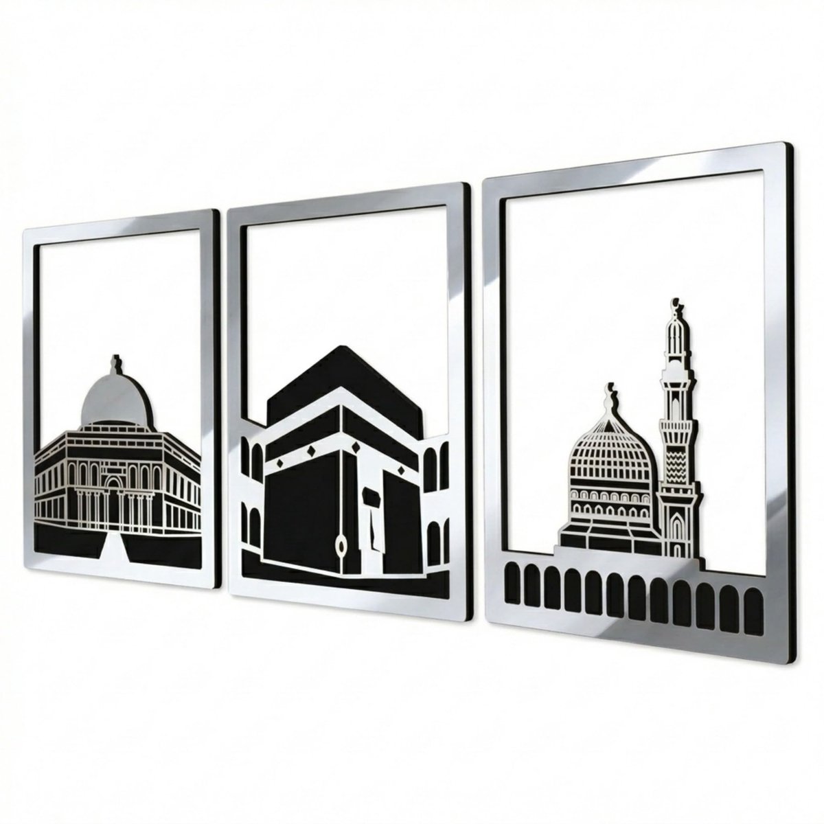 Dailygoods - Houten Wanddecoratie Masjid Al Aqsa, Kaaba & Masjid An-Nabawi - Groot Zilver