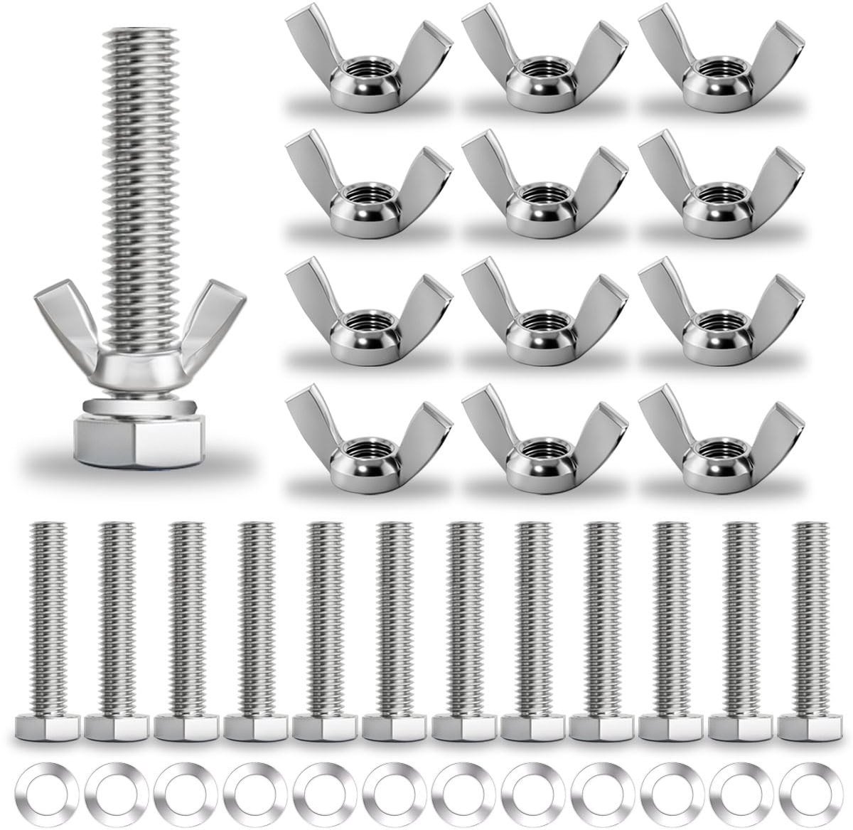 Dailygoods- Vlinderschroeven Set van 12 - Roestvrij Staal - M6 x 30 mm - Zeskantschroef met Sluitringen - Slijtvast en Corrosiebestendig - Hoogwaardige Materialen - Schroeven