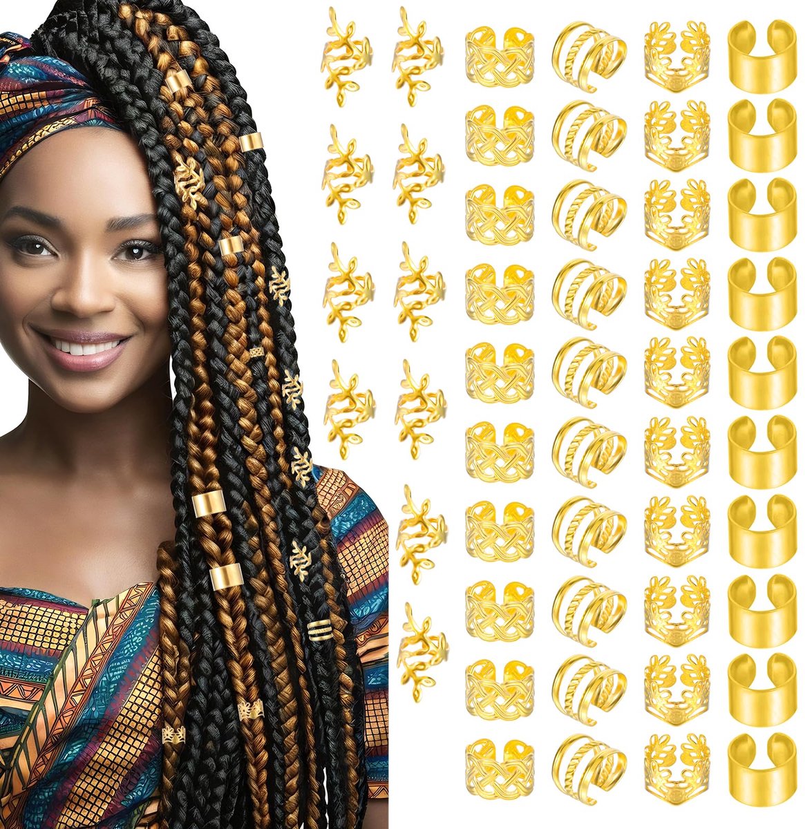 Dailygoods - 50 Stuks Gouden Haaraccessoires voor Vlechten en Dreadlocks - Metalen Ringen en Cuffs