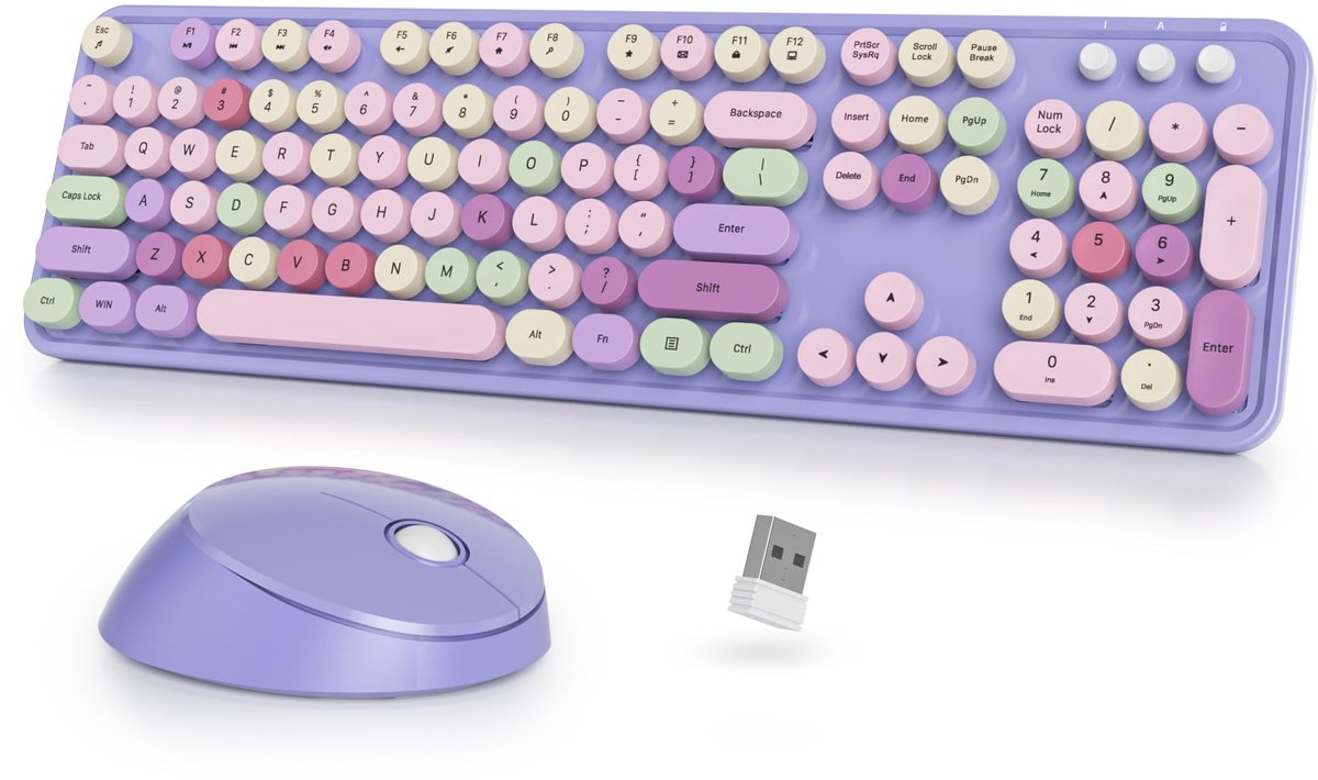 SnelShoppen - Draadloos Toetsenbord en Muis Set, Schattig Typemachine Design, 2.4GHz Volledig met Cijferpad, Amerikaanse QWERTY, Kleurrijk voor Window