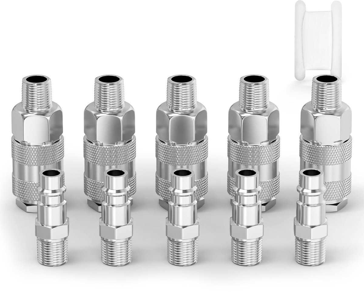 Dailygoods- Luchtleidingconnectoren 5-delige set - Euro-luchtslangcompressorfittingen - 1/4" BSP mannelijke luchtkoppeling - Snelkoppelingen - Corrosiebestendig vernikkeld ijzer - Betrouwbaar en duurzaam - Luchtkoppelingen