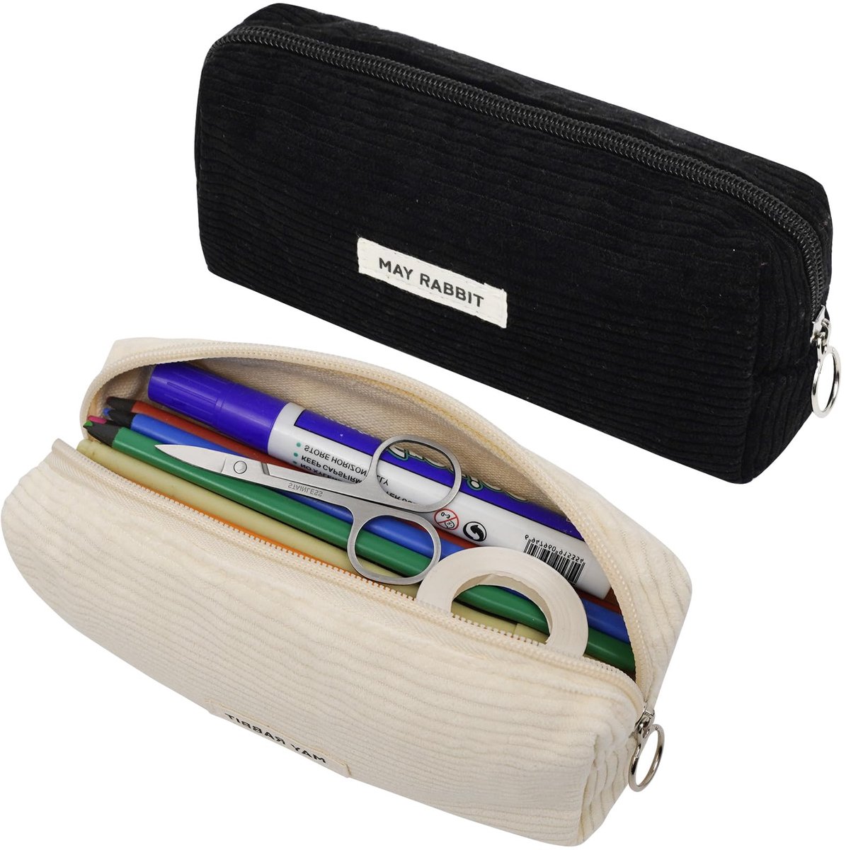 Dailygoods - Set van 2 Corduroy Pennenhouders met Ritssluiting - Beige en Zwart