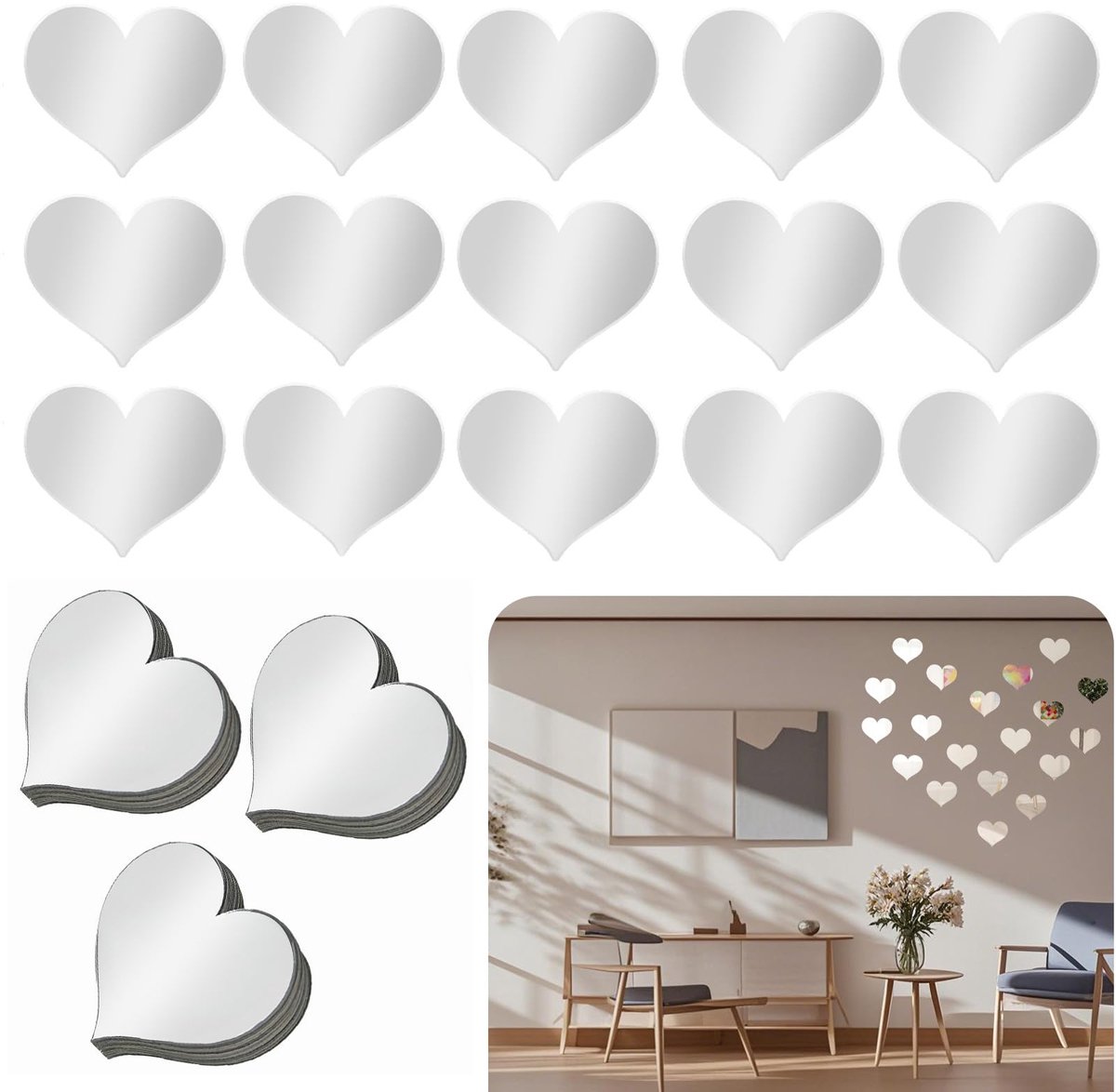 Dailygoods - 100 Stuks Hartvormige Spiegeltegels - Zelfklevende Decoratie voor Wand en Mozaïek