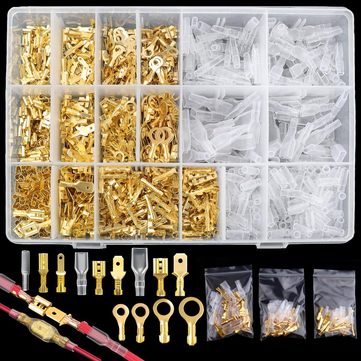 Dailygoods- Kabelschoenen Assortiment - Platte Stekkerhulzen - Ringkabelschoenen - Krimpverbinders - Connectoren - Volledig Koperen Kern
