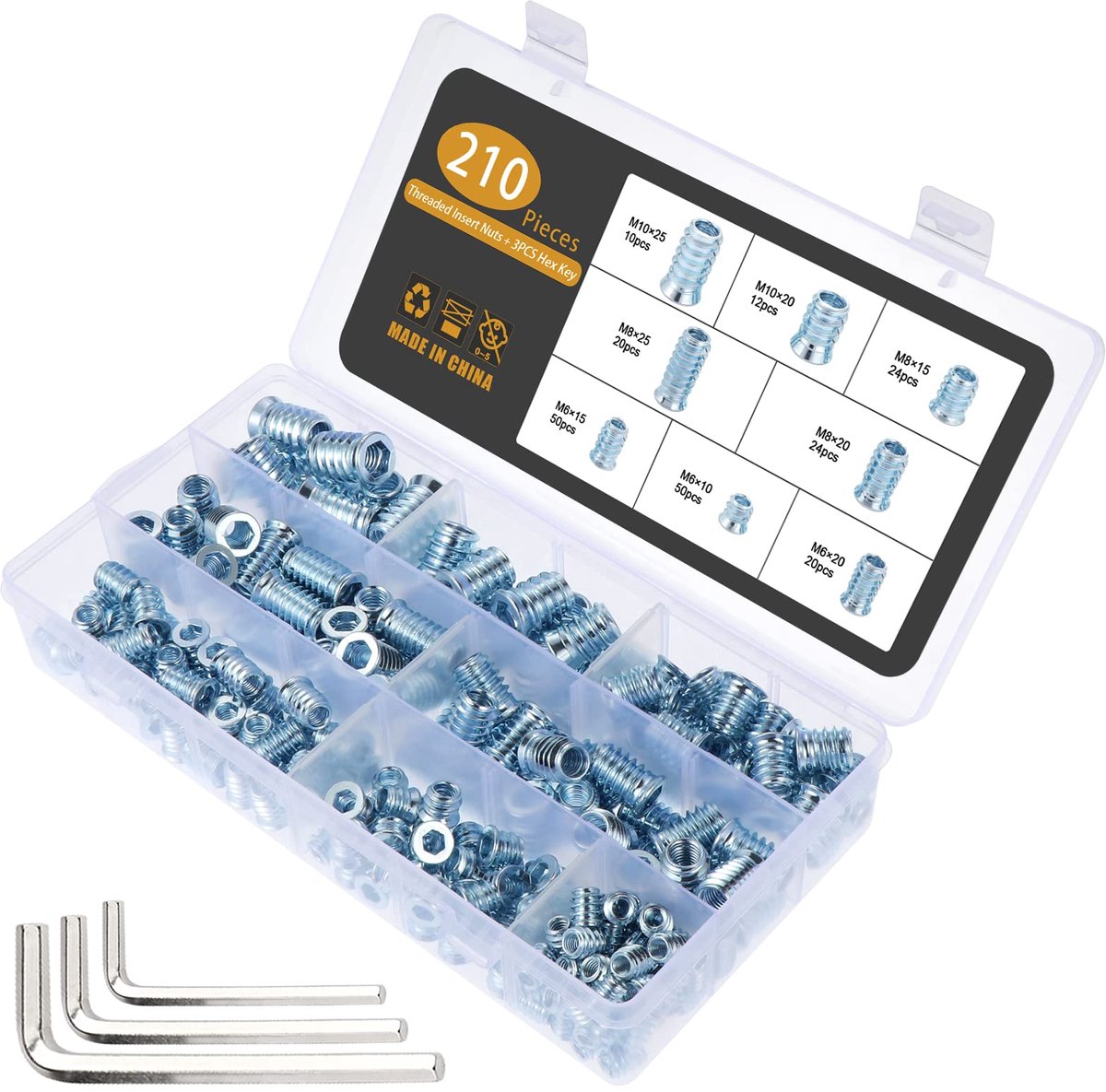 Dailygoods - Set van 210 Schroefmoeren M6 M8 M10 - Carbon Staal Insteekmoeren voor Meubelassembly