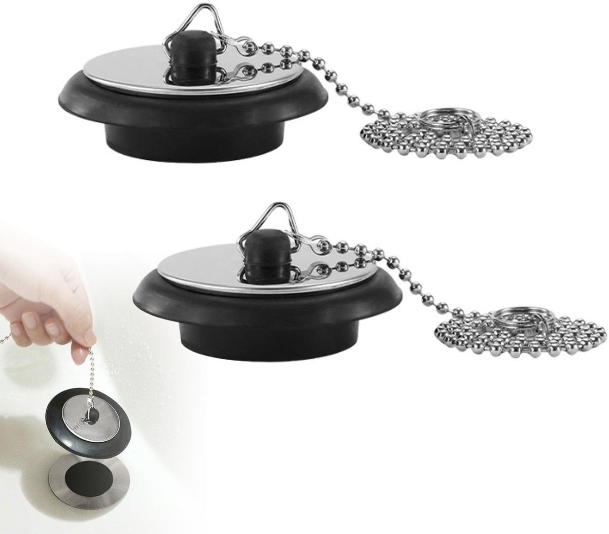 Dailygoods- Afvoerstop Set van 2 - Wastafelstop 40 mm - Badstop met Ketting - Gootsteenstop - Duurzaam Rubber - Anti-verlieskettingen - Sifonstop