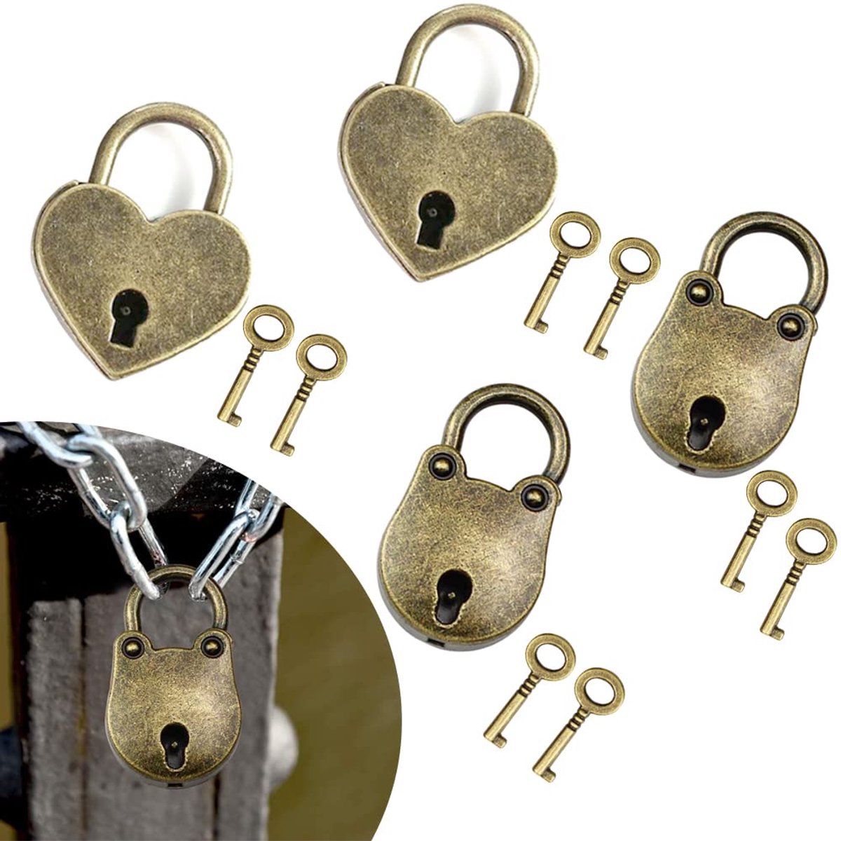 Dailygoods - 4 Stuks Antieke Hangsloten met Sleutels voor Sieraden en Decoratie