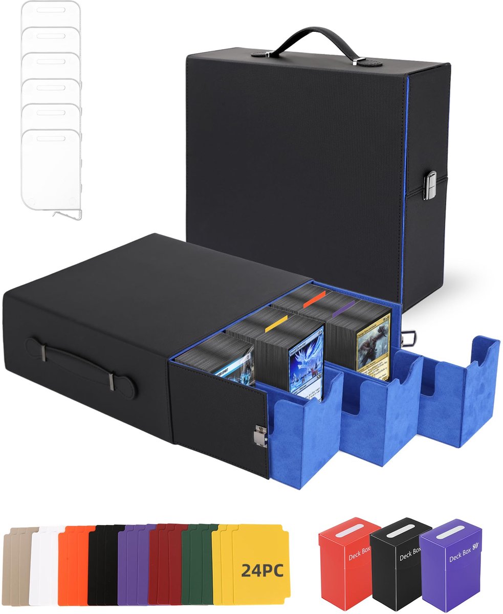 Dailygoods- Kaartenopbergbox voor 2400+ kaarten - Opbergdoos met deksel - 3 PP-dozen - 24 kleurscheiders - 6 kaartscheiders - PU kunstleer (Zwart)