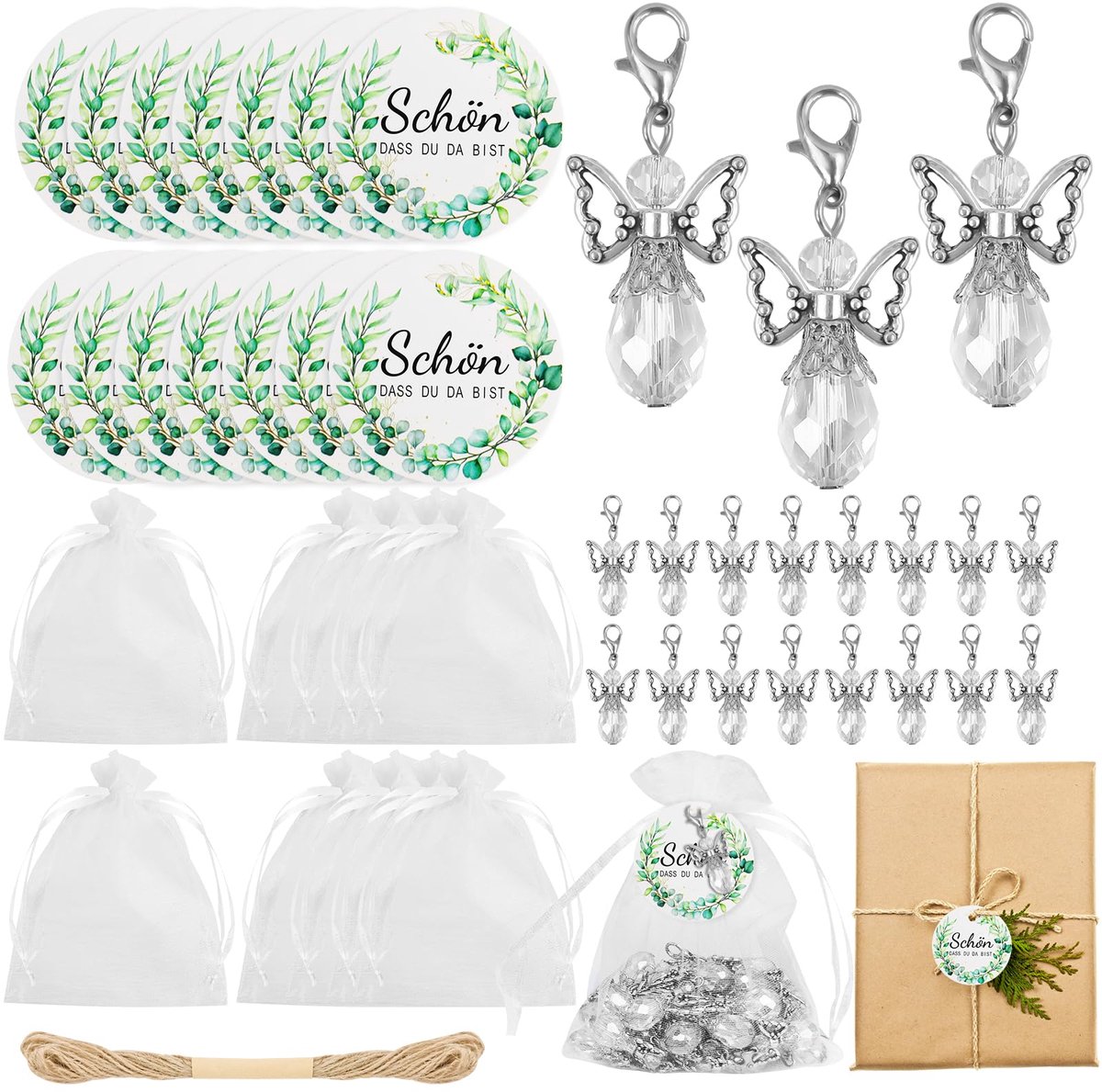 Dailygoods - 32 Sets Beschermengel Hangertjes voor Bruiloften - Sleutelhanger met Organza Zak en Kraft Papier