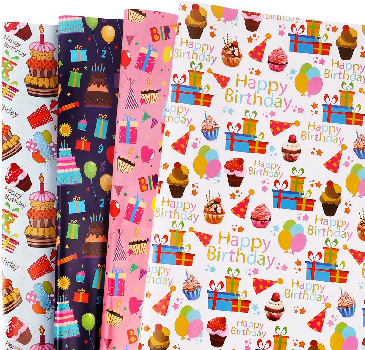 Dailygoods - Verjaardagsinpakpapier - 8 Vellen met 4 Kleurrijke Ontwerpen