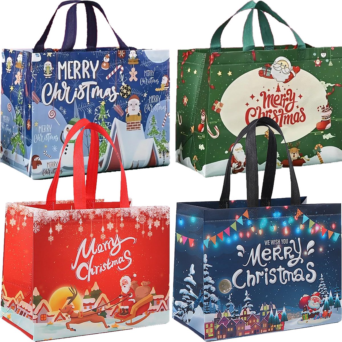Dailygoods- Kerstcadeauzakjes Set van 4 - 32,5 × 25 × 17 cm - Waterdicht - Vochtbestendig - Lichtgewicht - Handtasontwerp - Cadeautassen