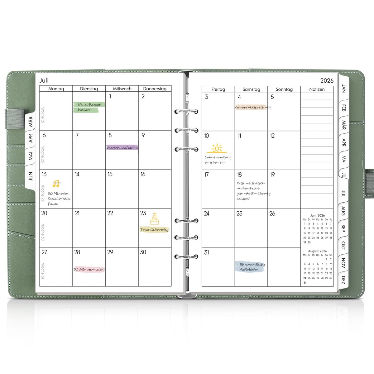 Dailygoods - A5-navulbare agenda 2026 - Perfect voor scholieren en professionals (olijfgroen)