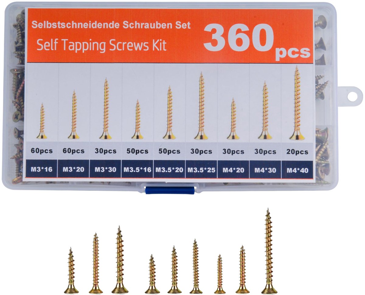Dailygoods - 360 Stuks Schroefset Met 7 Maten (M3, M3.5, M4) - Zelfsnijdende Schroeven voor Doe-Het-Zelf Projecten