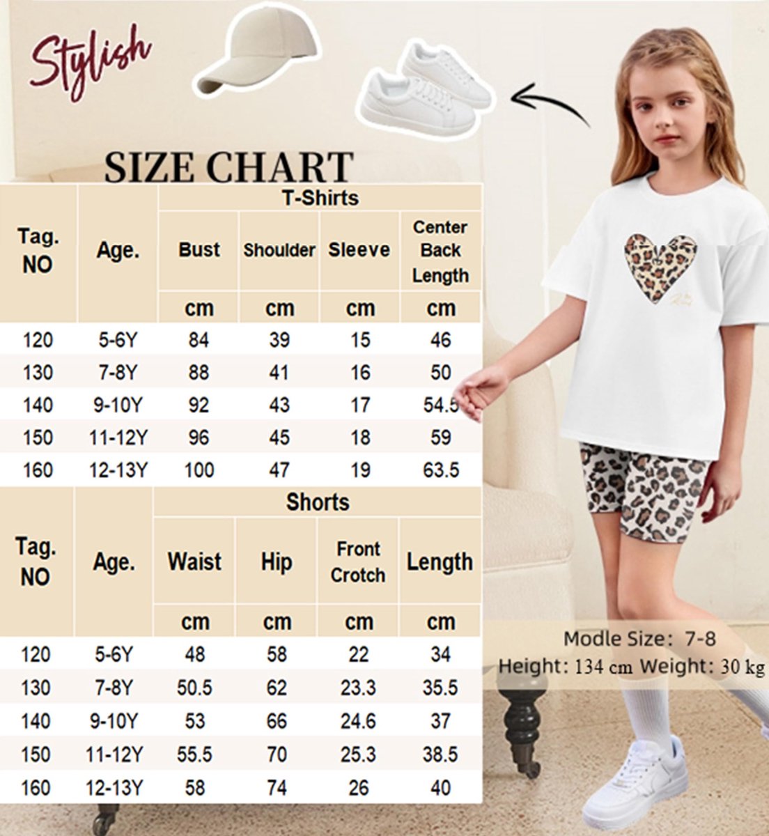 SnelShoppen - Meisjeskledingset T-shirt met Korte Legging voor Kinderen, Modieuze Zomeroutfits, Sportieve Tweedelige Set, Luipaardenprint, Maat 9-10 J