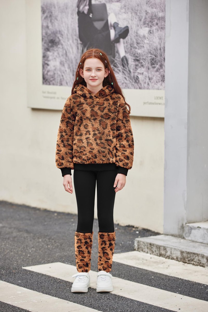 SnelShoppen - Meisjes Kledingsets Winter Kinderen Hoodie met Leggings Set Warm Gezellig Gewatteerde Kleding 2-Delige Outfits Luipaard Print 9-10 Jaar