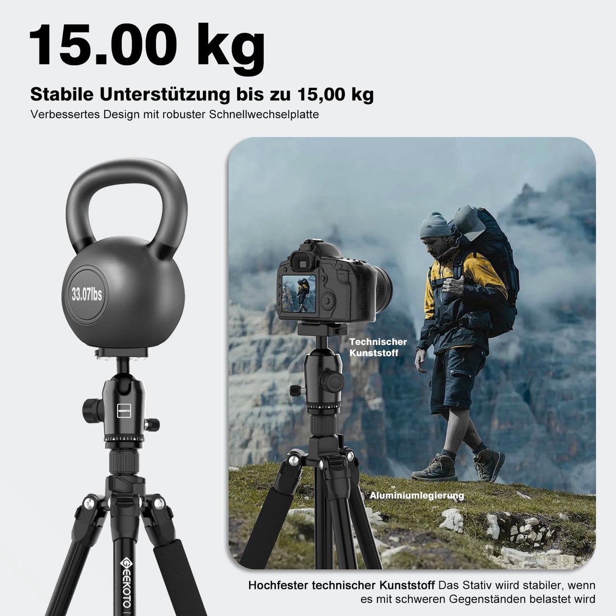 SnelShoppen - GEEKOTO DSLR Camerastatief 73 inch, Tripod Aluminium Reisstatief met Monopod, 360° Panorama Kogelkop, 1/4 Snelkoppelingsplaat, Statiefta