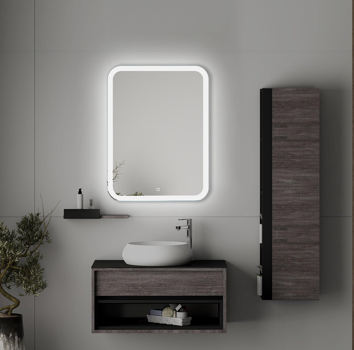 SnelShoppen - 50x70 cm Verticale Badkamerspiegel met LED Verlichting, Verlichte Badkamerspiegel met Aanraakschakelaar, Afgeronde Hoeken, Rechthoekige