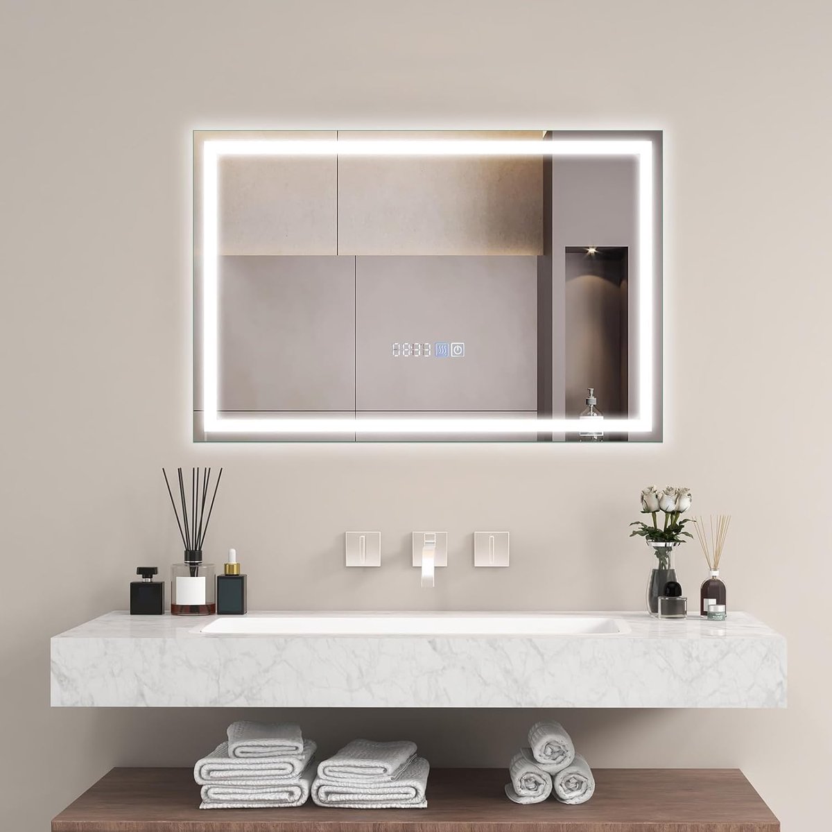 SnelShoppen - Badkamerspiegel met Verlichting en Klok, Dimbare LED Spiegel 60 x 40 cm, Anti-condens, Warm tot Koud Wit Licht (3000 K-6000 K)