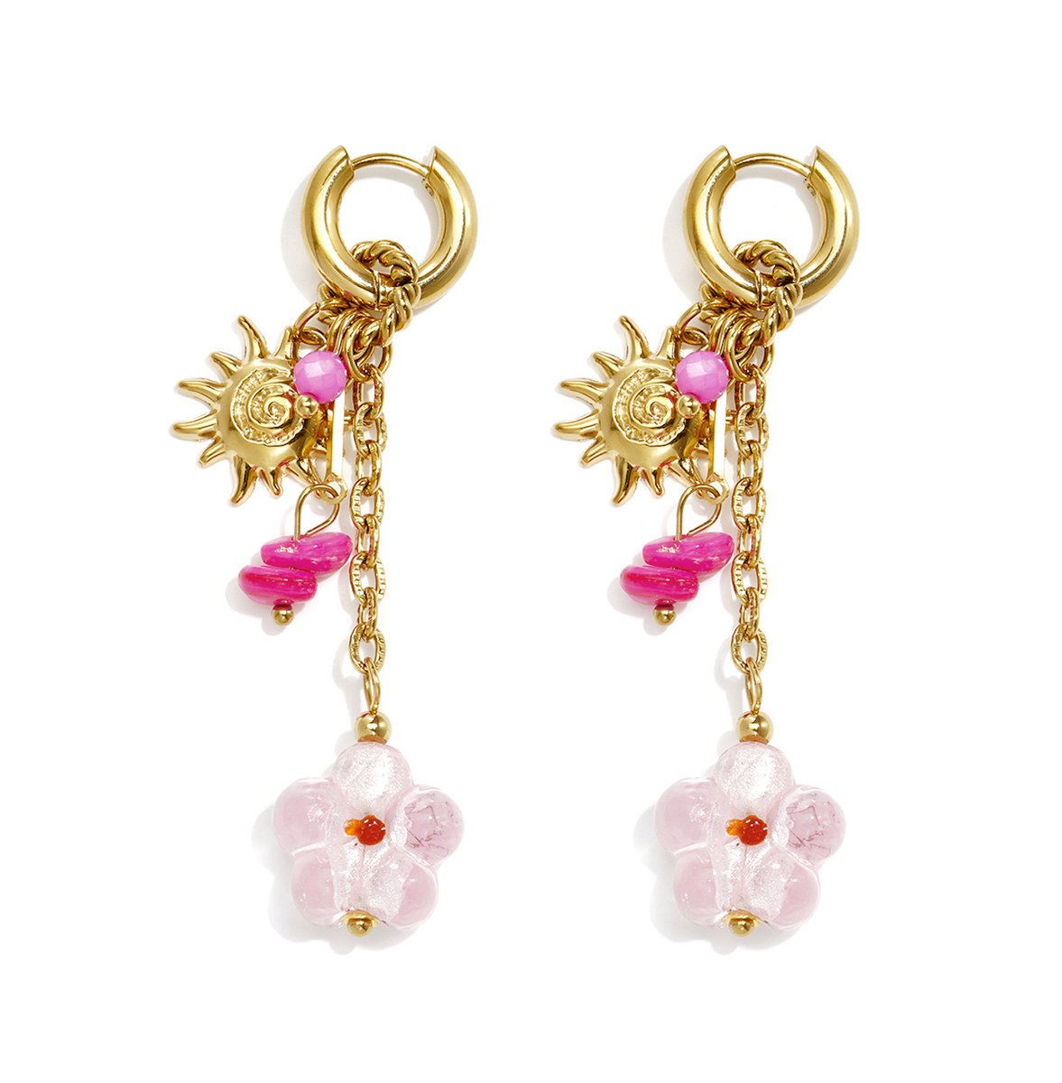 Oorbellen bloemen - Club Spice - Romantisch - Met bloemen, steentjes en zonnetjes - 6.2 Centimeter - Stainless steel - Waterproof, verkleurt niet - Damesdingetjes