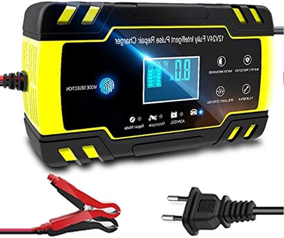 Acculader - Druppellader Startbooster - Auto Accu Onderhoud - Microprocessorbesturing - 12V/24V 8A - Geel
