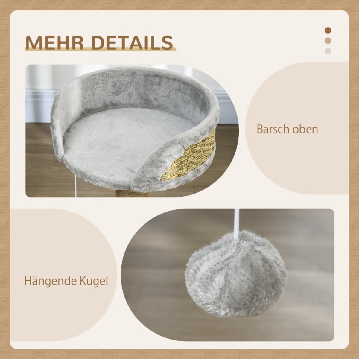 MIVRAY Krabpaal - 49 Cm - Met Speelbal En Ligplateau - Pluche En Jute - Grijs - Voor Katten Tot 4 Kg - Compact Voor Binnengebruik