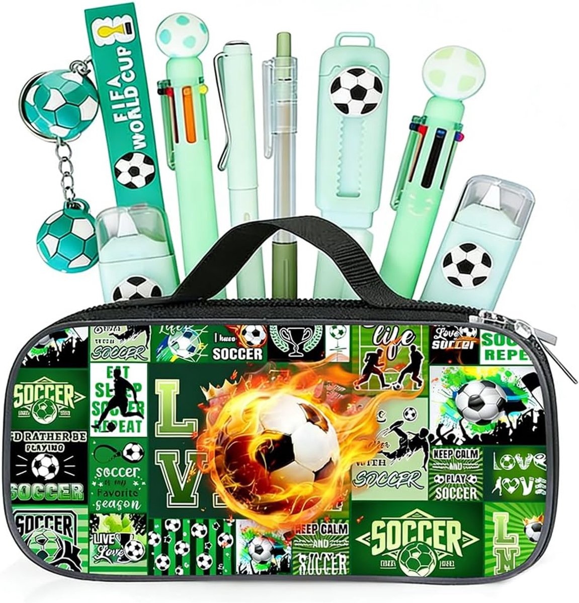 SnelShoppen - Grote Voetbaletui voor Jongens, Voetbalstationery Set met Sleutelhanger, Gum en Pen, Geschikt voor Kinderen en Studenten, Groen