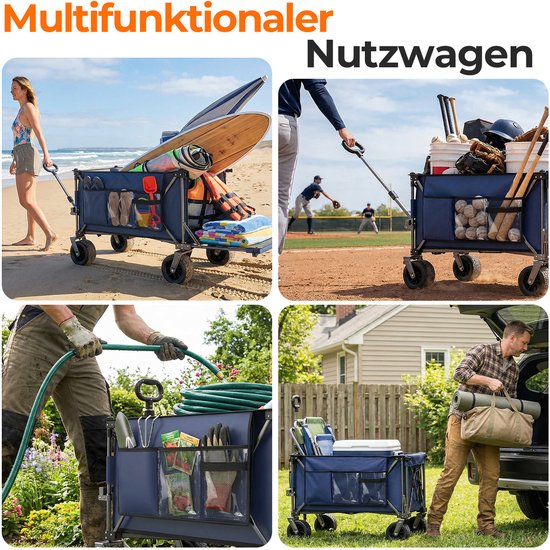 HAUSS SPOLE Tuinkar - 140 cm, 300 L, Met Uitschuifbare Achterklep - Staal - Blauwgrijs - Opvouwbaar voor Tuin, Strand en Kamperen van hauss-spole — afbeelding 4
