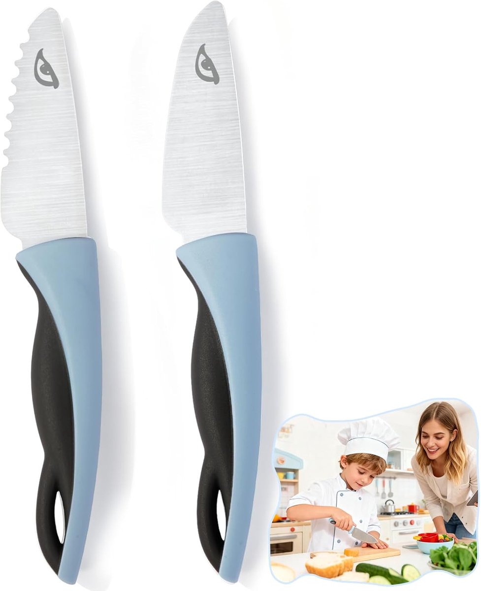 SnelShoppen - Kindermesserset 2-delig voor kinderen vanaf 2 jaar, veilig snijden van fruit en groenten, afgeronde punt, roestvrij staal, blauwe keuken