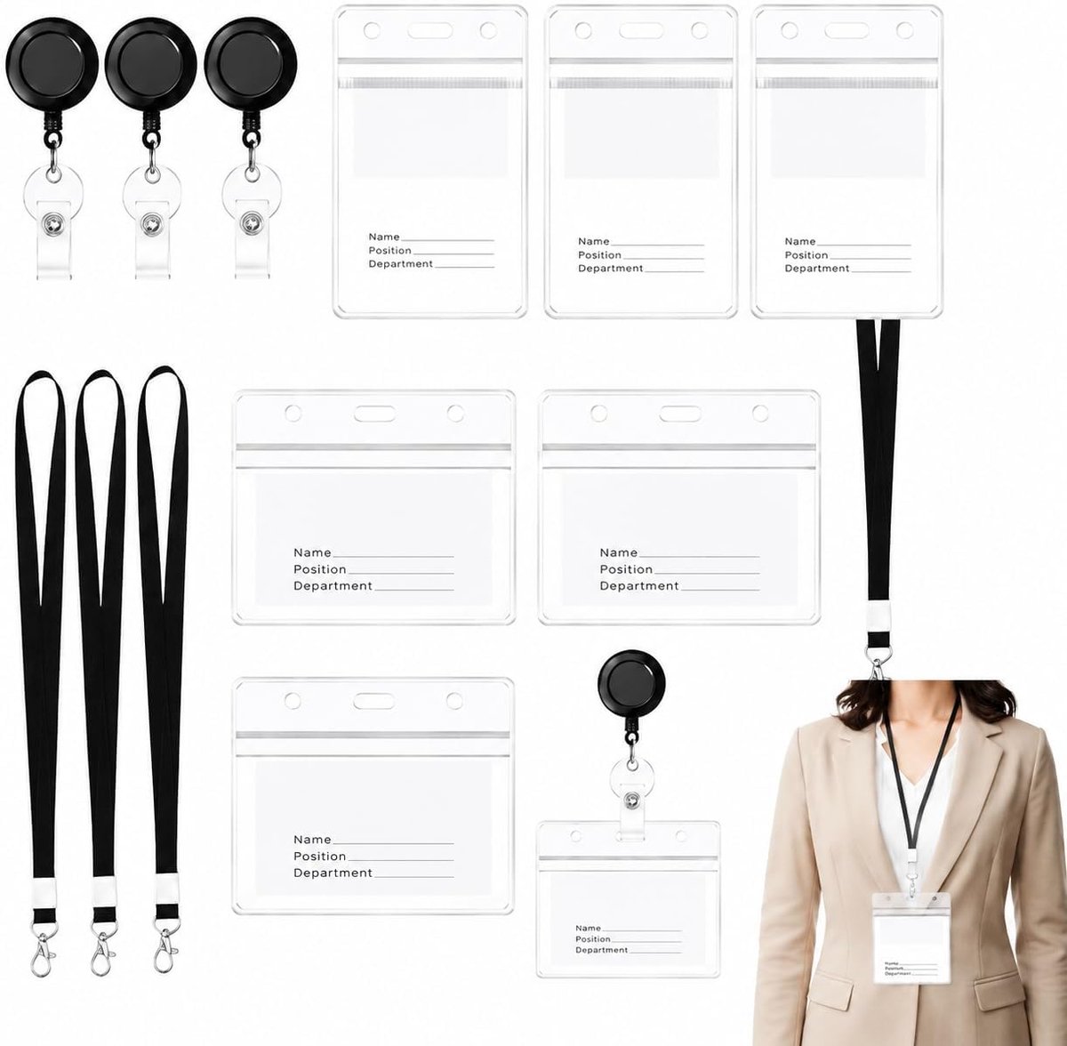 Paspoorthoes set 6 stuks met lanyards en badgehouders – ID-kaarthouder waterdicht PVC – transparant, zwart – voor - ShopVlot