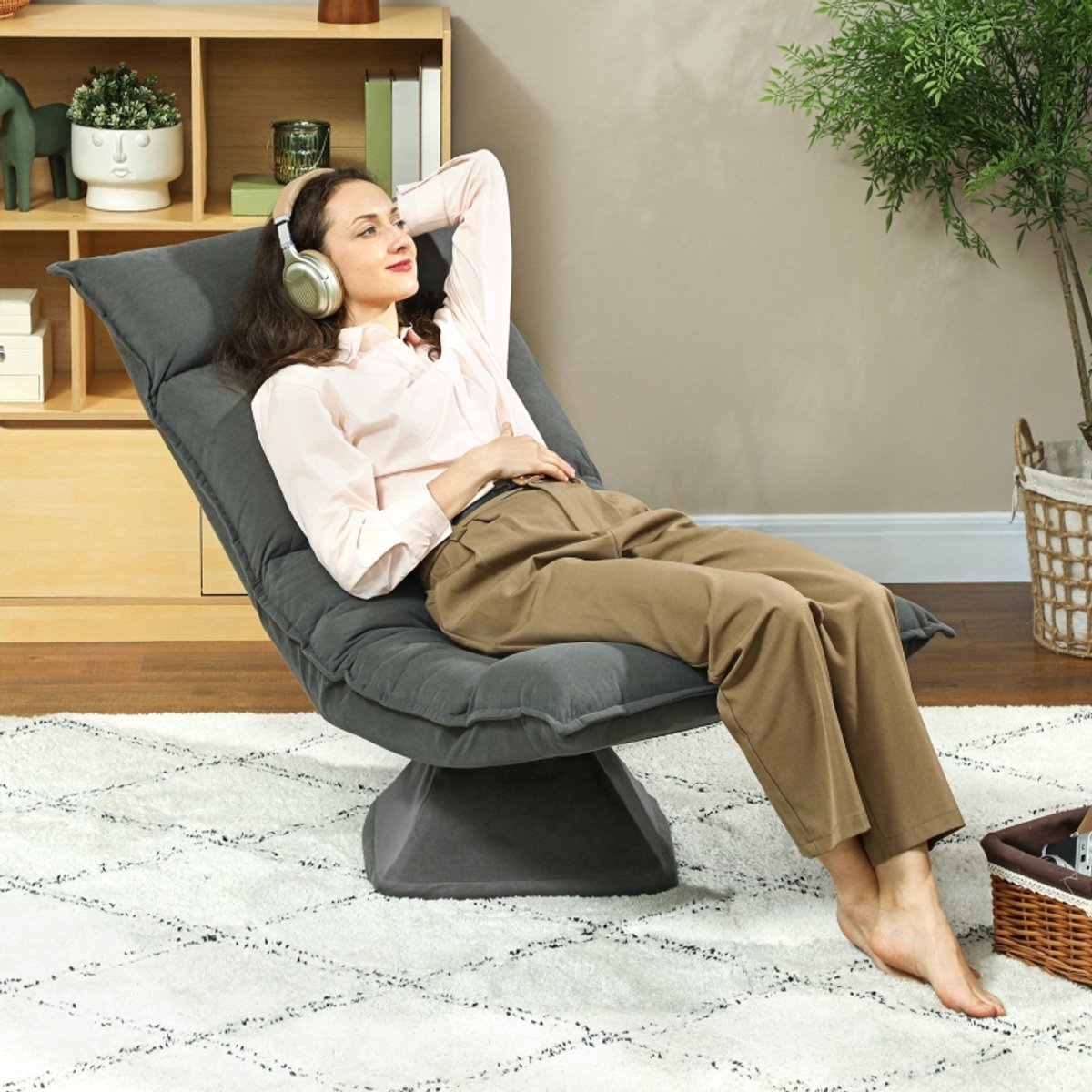 OKWISH Bodensessel 360° Draaibaar - 5-Voudig Verstelbare Rugleuning - Klapbaar Relaxstoeltje Voor Woonkamer, Gaming En Lezen - Polyester - Donkergrijs