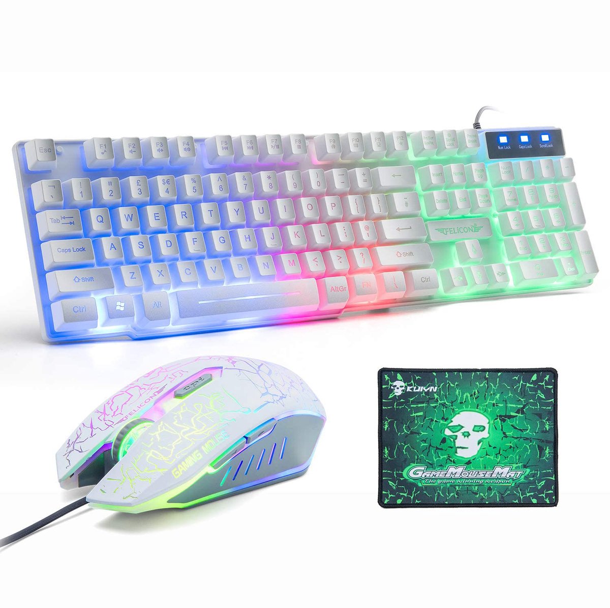 SnelShoppen - Gaming Toetsenbord en Muis Set UK Layout, Rainbow LED Backlit Bedraad Toetsenbord en Muis Combo, Mechanisch Gevoel USB Gamer Toetsenbord