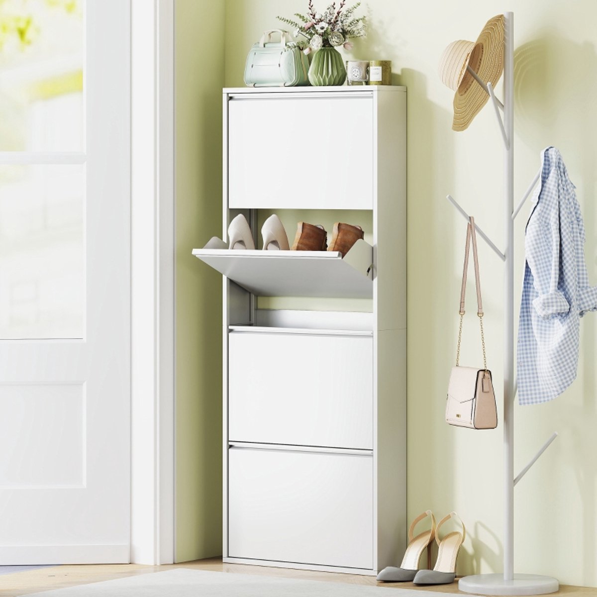 STILVORA Schoenenkast - Smal Met 4 Kleppen Voor 8 Paar Schoenen - Wandmontage Voor Hal En Entree - Metaal - 55x15x139,5 Cm - Wit