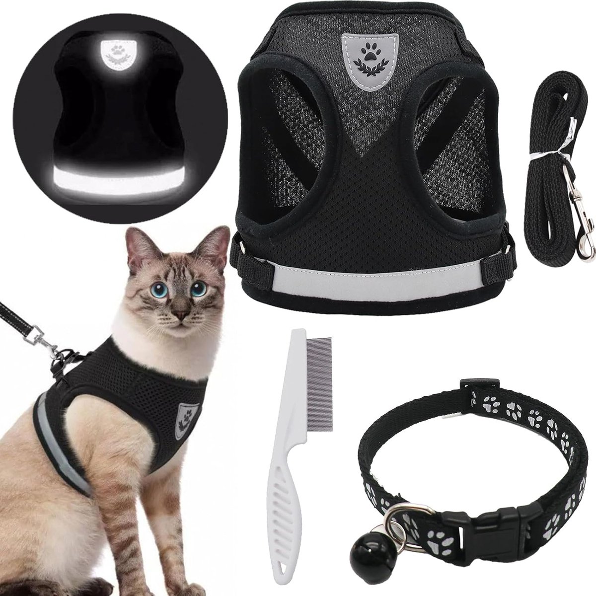 SnelShoppen - Kattenharnas met Riem en Halsband - Verstelbaar Anti-Ontsnapping Harnas voor Kittens en Puppy’s - Reflecterende Strepen - Zwart (M)