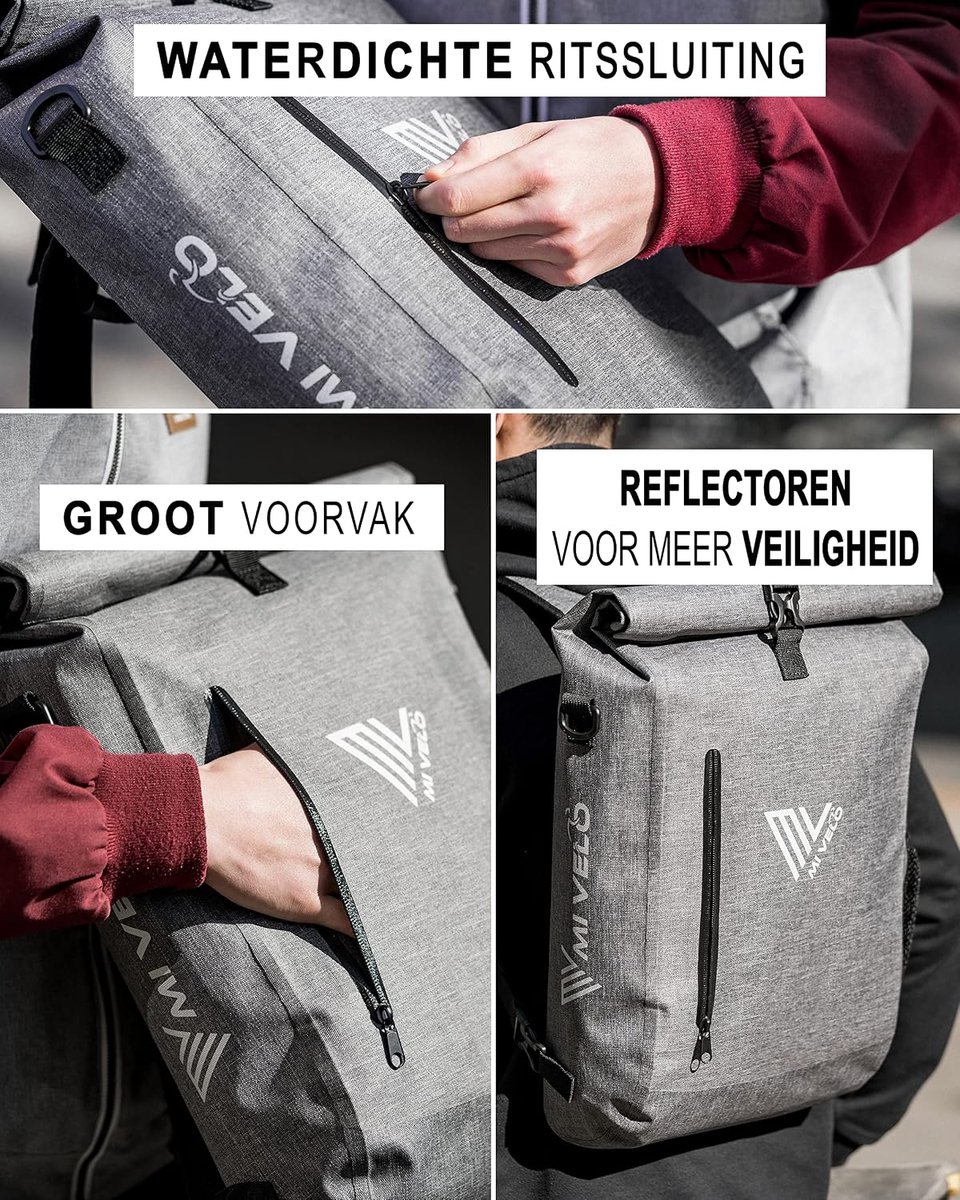 SnelShoppen - 3 in 1 Fietstas - Fietsrugzak en Schoudertas - Waterdicht 100% PVC-vrij - Met Laptopvak - Bagagedragertas voor Alle Fietsdragers - Ideaa