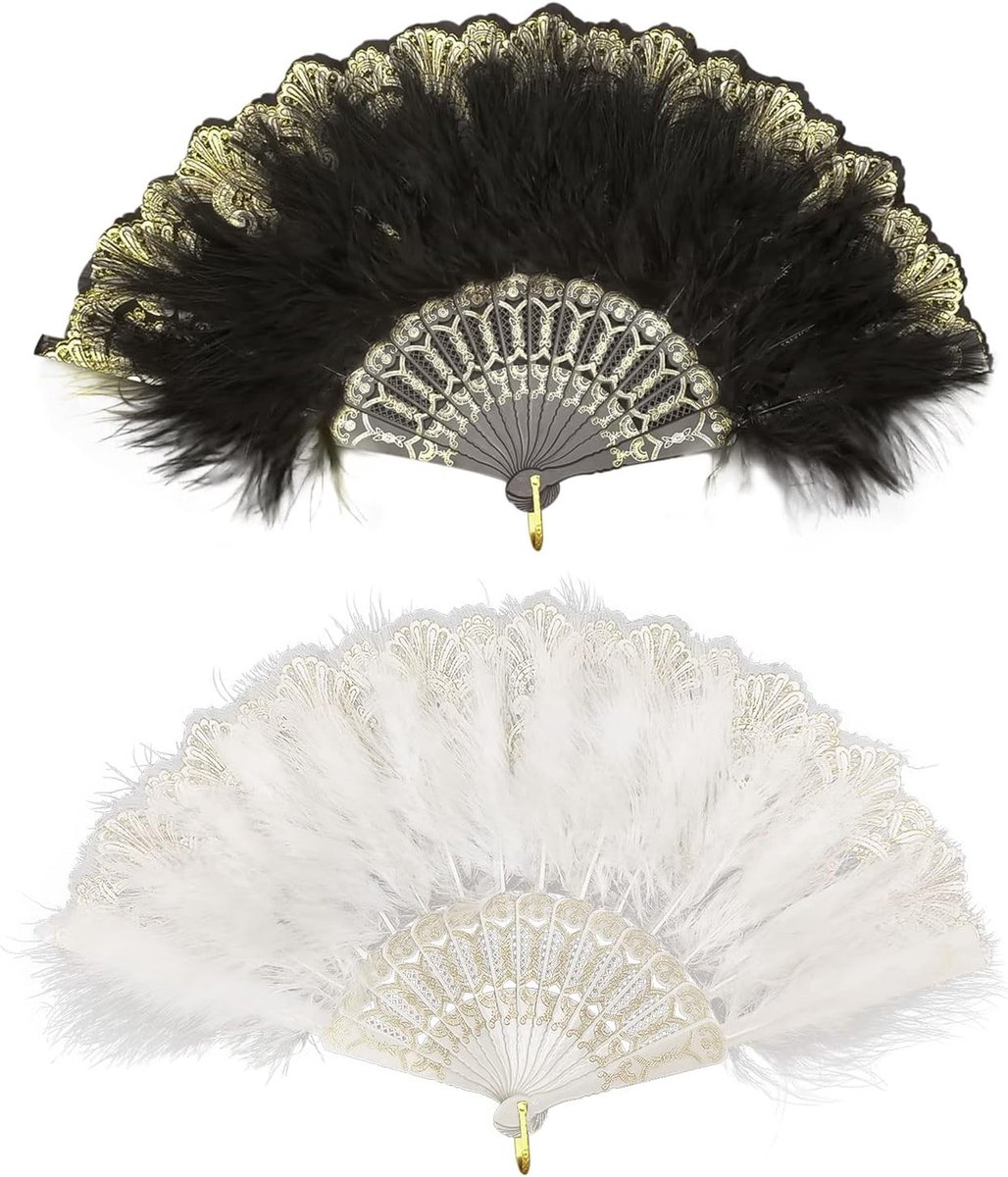 SnelShoppen - 2 stuks vouwbare handventilator met veer, geborduurde bloem, marabou-veerventilator, vintage 1920s accessoires voor Halloween, dansen, b