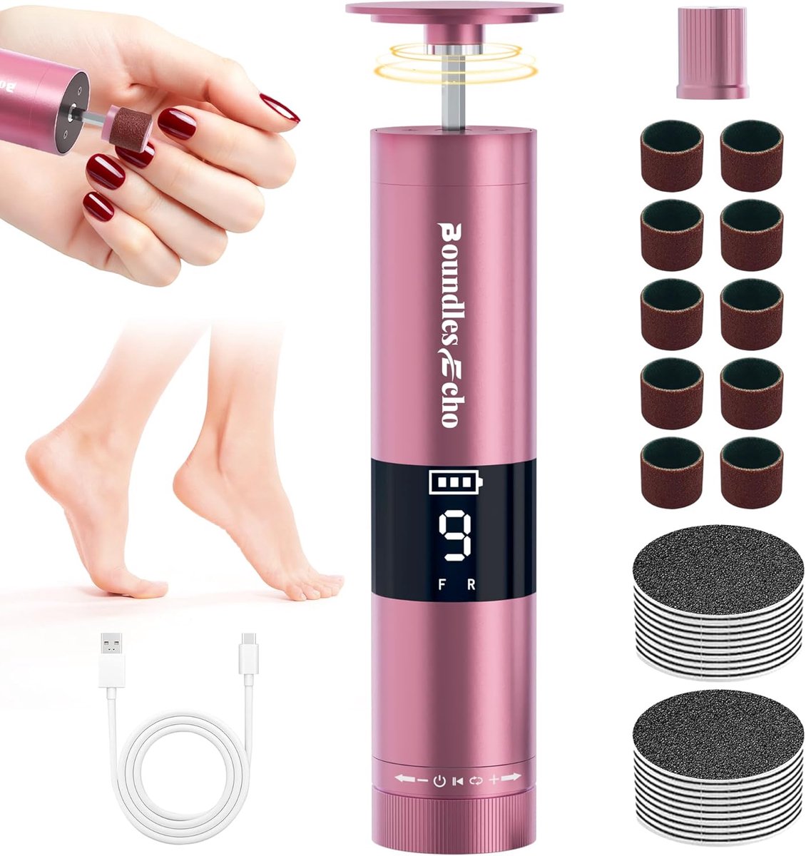 SnelShoppen - BoundlesEcho Elektrische Eeltverwijderaar & Nagelvijl - Oplaadbare 2-in-1 Pedicure Set met 9 Snelheden, Display, 30 Slijppads voor Dode