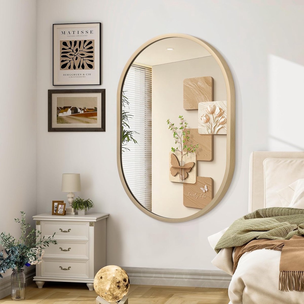 SnelShoppen - Ovale Wandspiegel met Metalen Frame - Kleine Ronde Make-upspiegel voor Badkamer, Entree, Woonkamer, Slaapkamer - 60 x 91 cm - Houten Acc