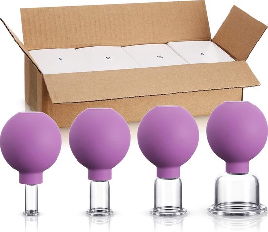 Vier paarse cupping-glazen met siliconen pompen, naast een open kartonnen doos met genummerde vakjes.