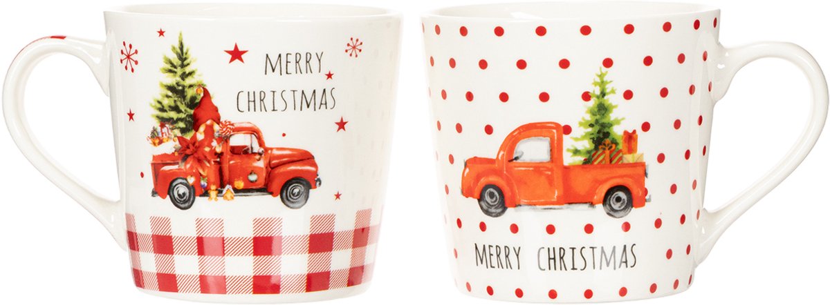 Kerstmok met auto en kerstboom, keramische mokken, 10 cm, 2 stuks
