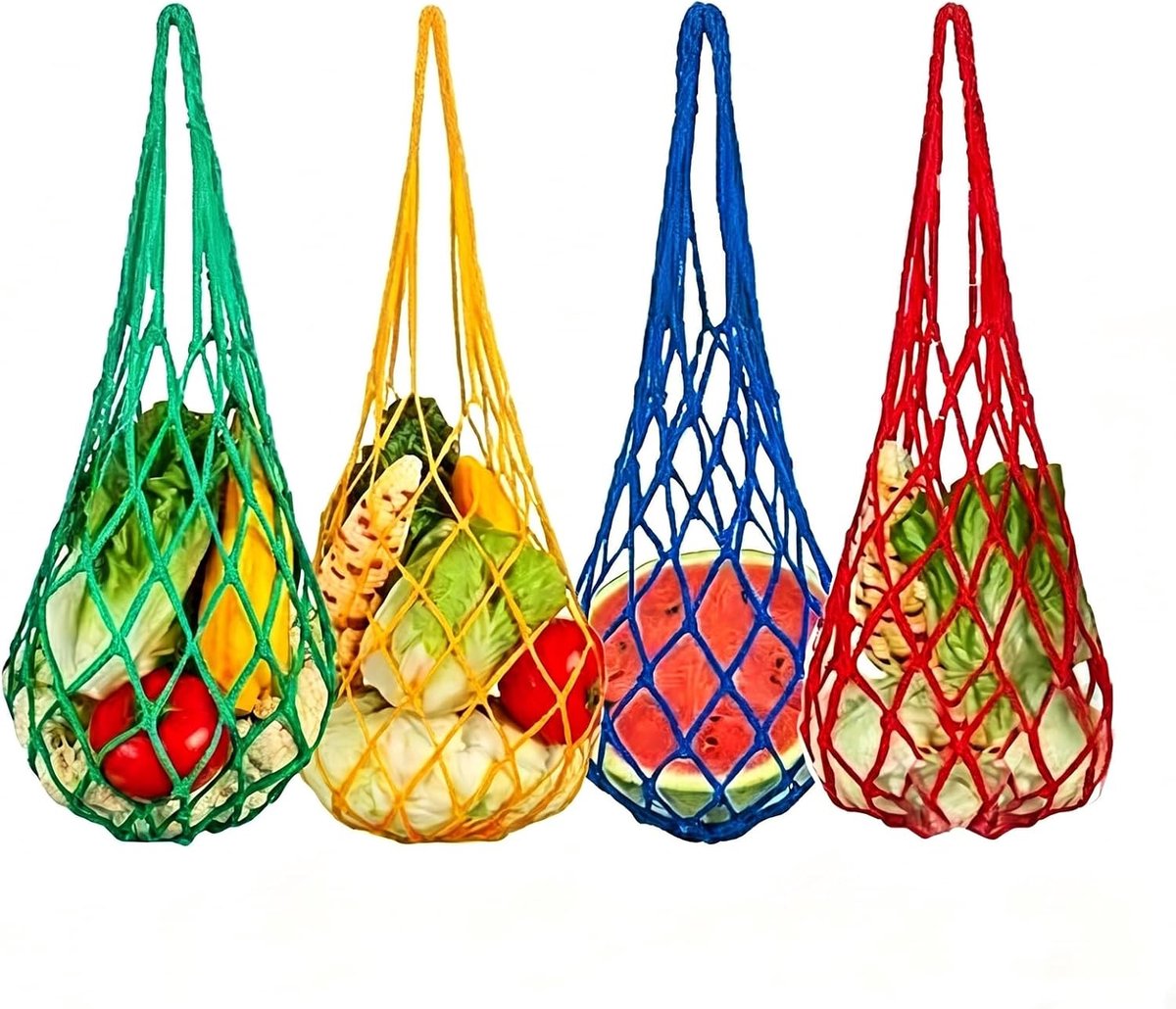 Set van 4 fruitgaaszakken - kippenvoerzakken - meerkleurige hangende gaasvoerzakken - steungaaszakken - herbruikbaar - polyester gaaszakken - geschikt voor fruit en groenten, eenden, ganzen, kippenhokaccessoires - rood + groen + geel + blauw - 57 cm