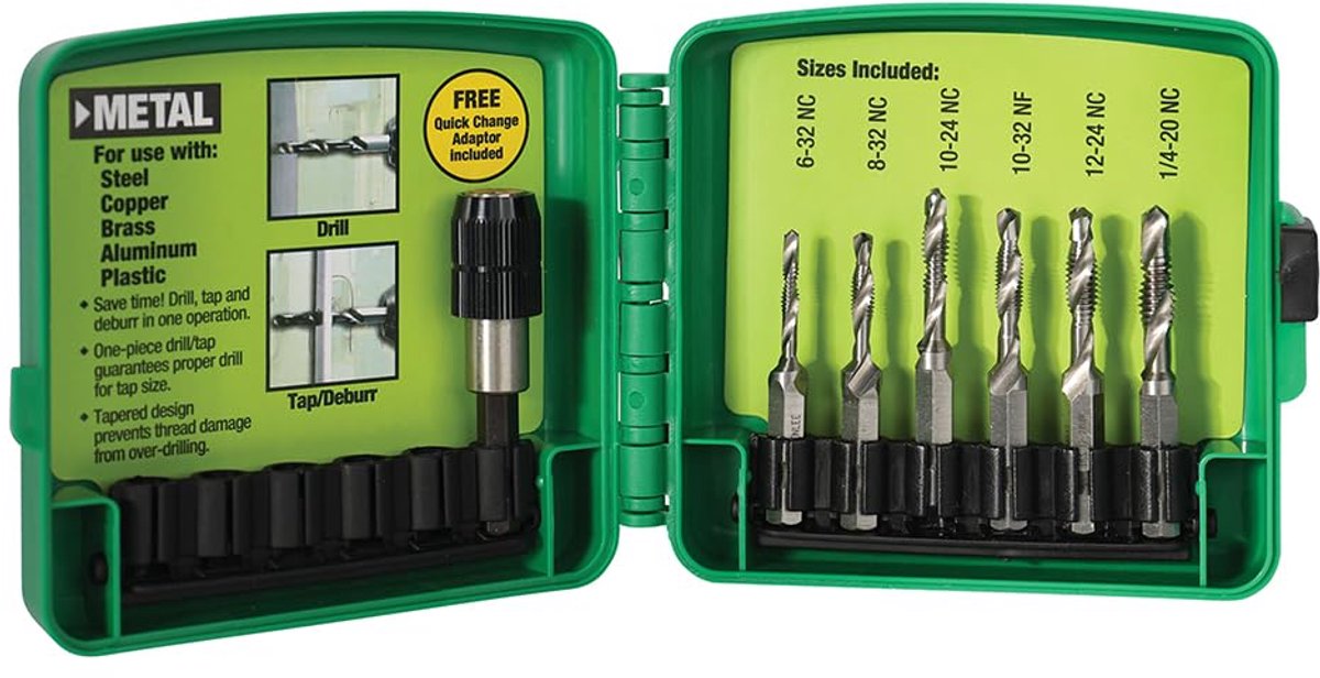 SnelShoppen - Boor-/Tapset voor Metaal - Greenlee DTAPKIT - Eénstaps Boren, Tappen, Ontbramen/Verzinken met Snelwisseladapter - Voor Sanitairexperts