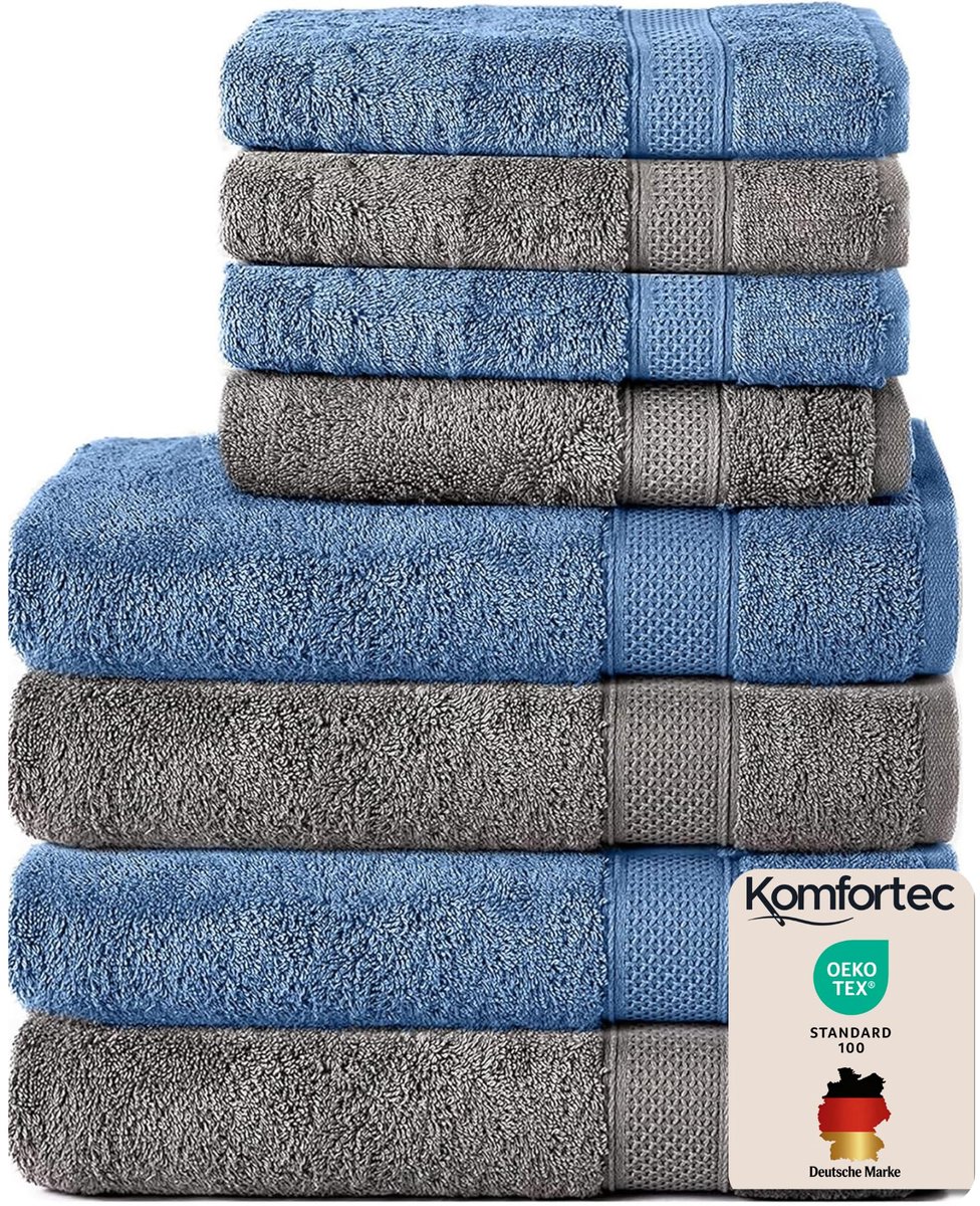 SnelShoppen - Komfortec Handdoekenset 8 delig - 4x Handdoek 50x100 cm + 4x Badhanddoek 70x140 cm - 100% Katoen - Antracietgrijs & Lichtblauw - Luxe Ba