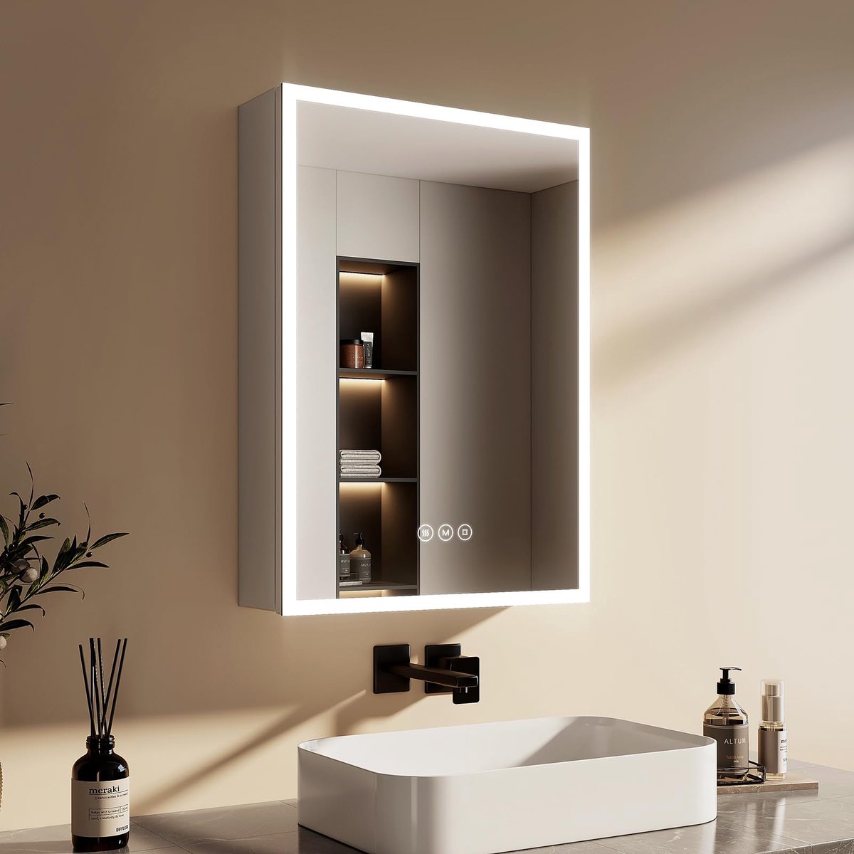 SnelShoppen - EMKE Spiegelkast Badkamer met Verlichting, 50 x 70 cm, Dimbaar, 3 Lichtkleuren, Anti-Condens, Stopcontact, Glazen Plank, Geheugenfunctie
