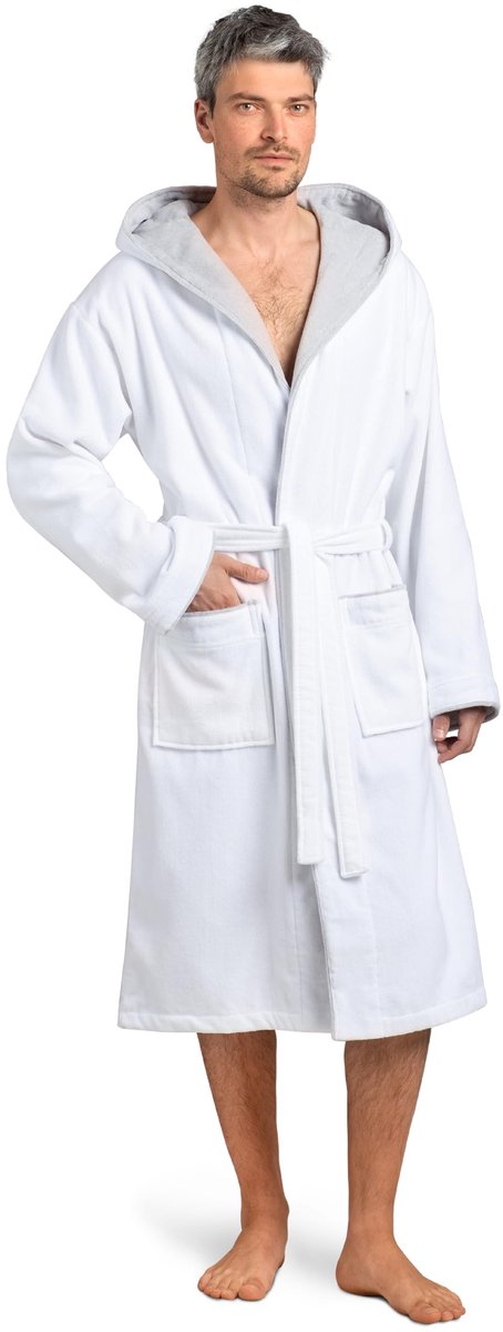 SnelShoppen - Twinzen Badjas voor heren met capuchon - 100% Katoenfluweel OekoTex - Ultralichte Badstof Kamerjas - Wit - Maat XXL - Perfect voor Thuis