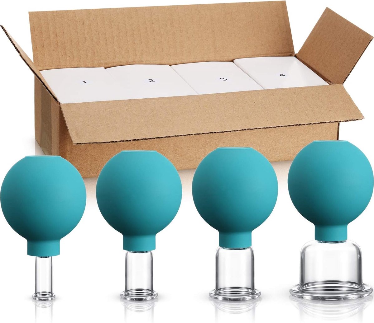 4-delige glazen cupping-set (glas en siliconen) voor massage en vacuümzuigtherapie – geschikt voor lichaam, gezicht, benen, armen, rug en schouders (bij spier- en gewrichtspijn) – Groente