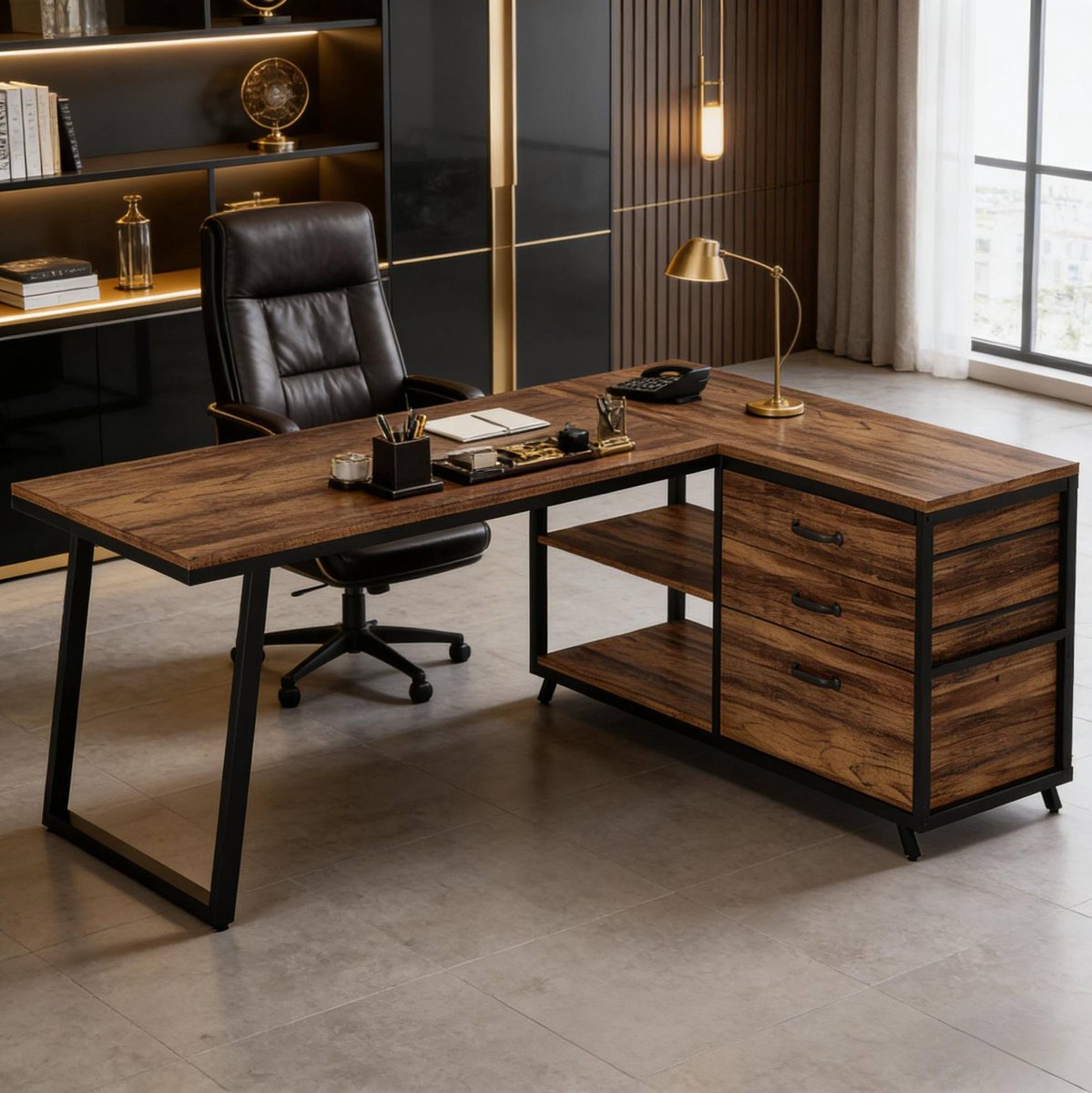 REDOM - L-vormig bureau - Bureau met lades en open opbergvakken - Metalen frame - Industriële stijl - Kantoor en thuiswerkplek - Zwart en bruin - 135 x 100 x 75 cm
