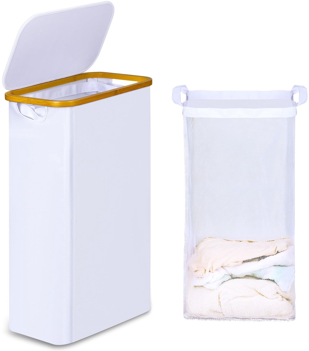 SnelShoppen - Wasmand met Deksel 60 Liter - Bamboe, Smal, Opvouwbaar, Uitneembare en Wasbare Binnenzak - Wit voor Bijkeuken, Slaapkamer, Badkamer