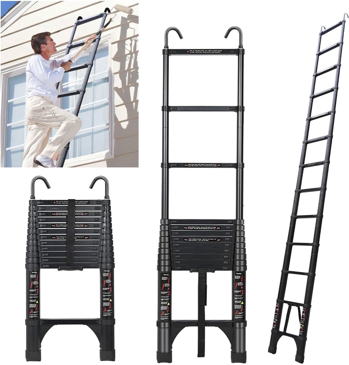 SnelShoppen - Telescopische ladder 3,8 m, aluminium vouwladder met haken, inklapbare ladder met 150 kg draagkracht, zwarte multifunctionele ladder voo