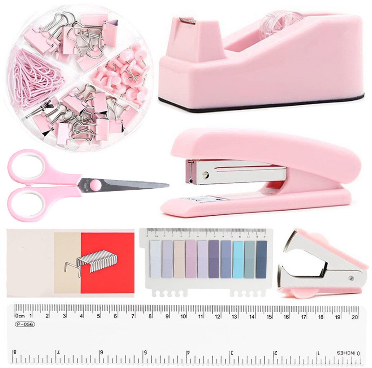 8-Delige Kantoorartikelen Set - Plakbandhouder - Bureauaccessoires - Liniaal - Paperclip - Indexlabels - Schoolbenodigdheden - Briefpapier Set - Geschikt Voor Scholen, Kantoren En Studieruimtes - Roze