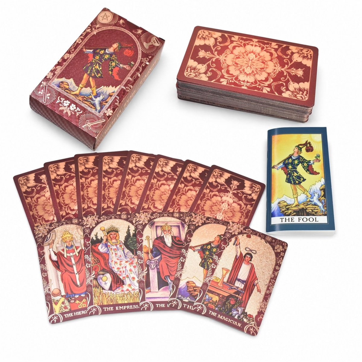 Dailygoods- Tarotdeck Waterdicht PVC - 78 Tarotkaarten + 2 Verzamelkaarten - Engelse Kleurengids - Gouden Folie - Bourgognerood - Spirituele Ervaring